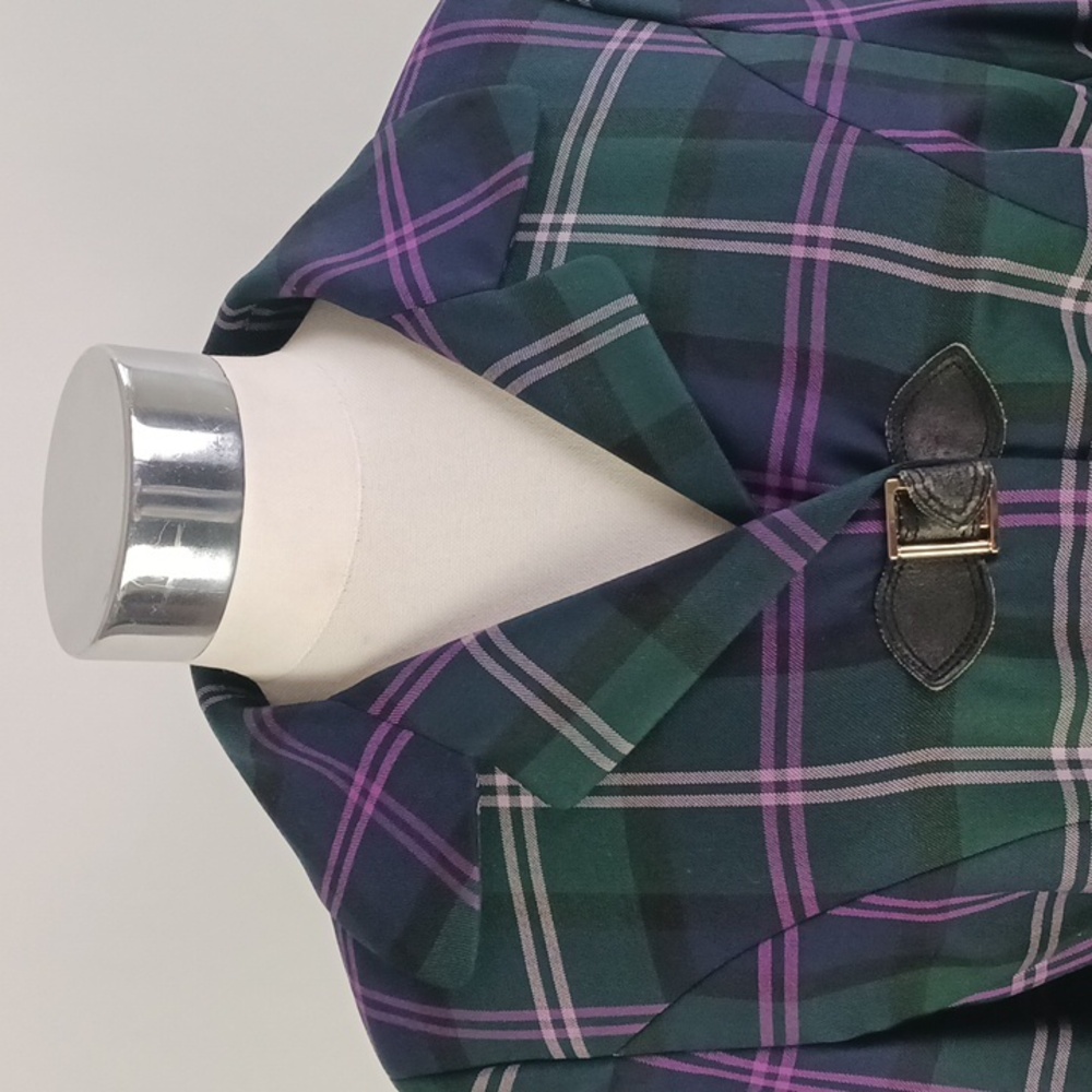 Escada Vtg Green Purple Plaid W Buckles Jacket. - Picture 2 of 8